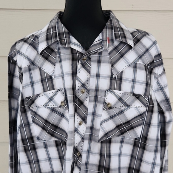 WRANGLER Western Snap Shirt Grey Plaid with Top Stitching (XL) - Picture 3 of 12